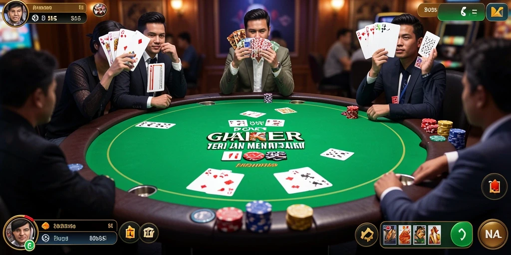 Screenshot gameplay Poker menunjukkan pemain bersaing dengan intens di meja.