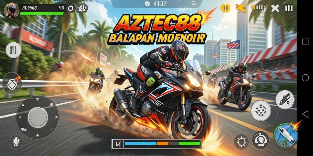 Tampilan gameplay AZTEC88 yang menegangkan dengan balapan motor yang seru.