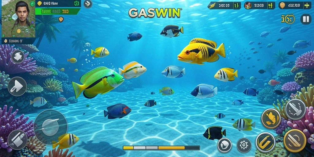 Screenshot utama GASWIN menampilkan gameplay menembak ikan yang seru.