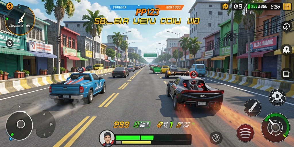 Gameplay balap seru di PP123 dengan mobil cepat.
