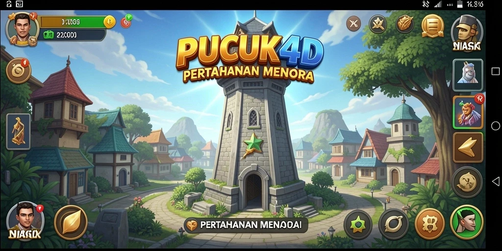 Screenshot gameplay PUCUK4D yang menunjukkan serangan menara melawan gelombang musuh.